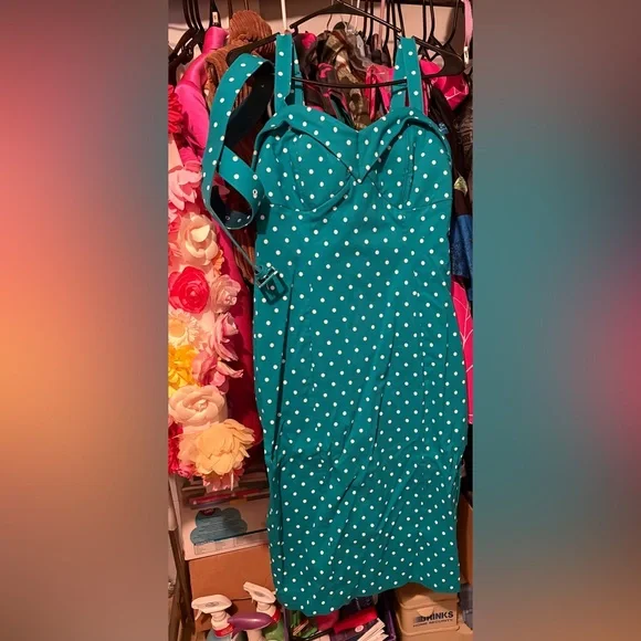 Vixen by Micheline Pitt Teal Polka Dot Midi Dress - Picture 2 of 7